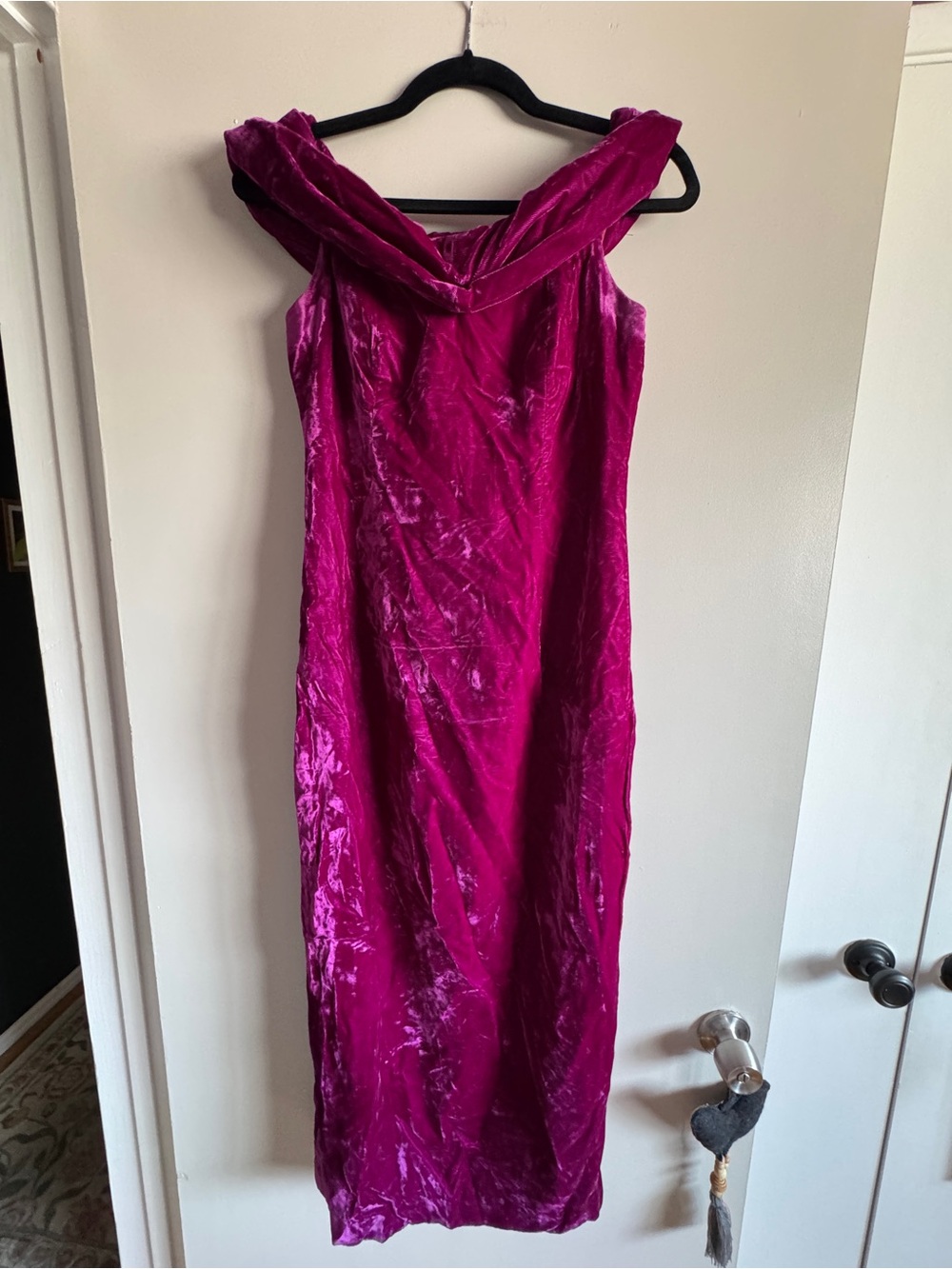 Velvet Off-Shoulder Maxi Dress in Fuchsia